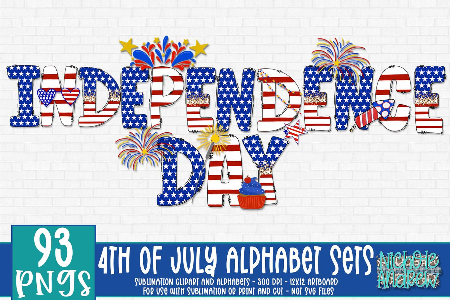 4th of July Sublimation Doodle Alphabet with Clipart