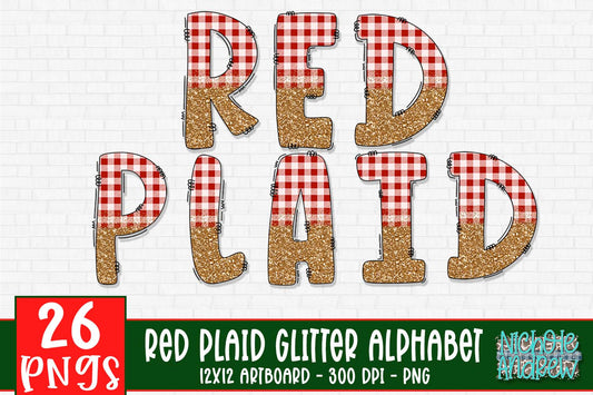 Red Plaid with Gold Glitter Doodle Alphabet