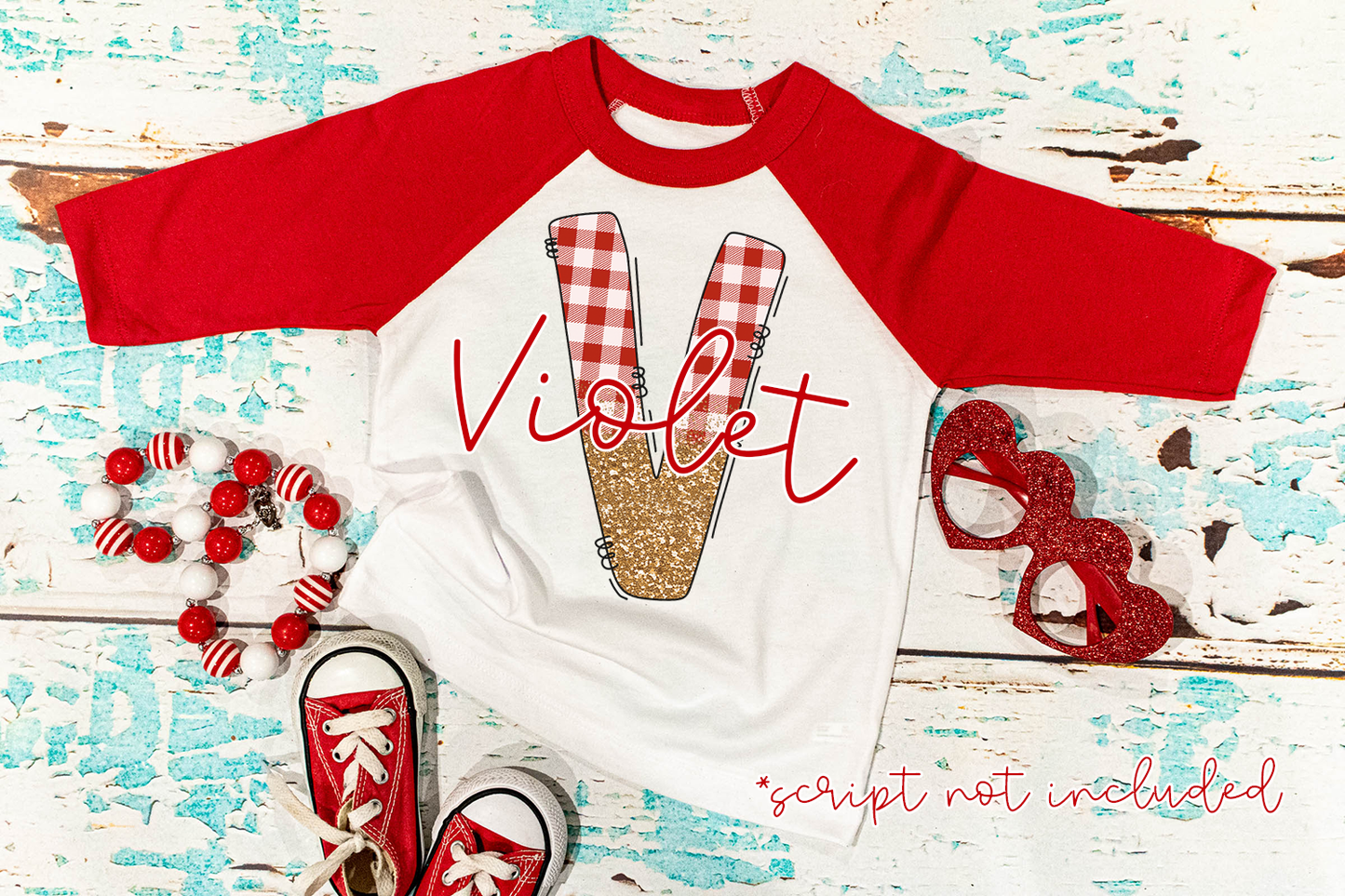 Red Plaid with Gold Glitter Doodle Alphabet